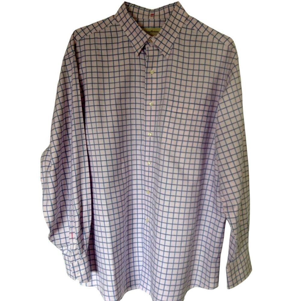 Tommy Bahama Shirt Men's 17 34/35 Pink Blue Check Button Down Business Casual